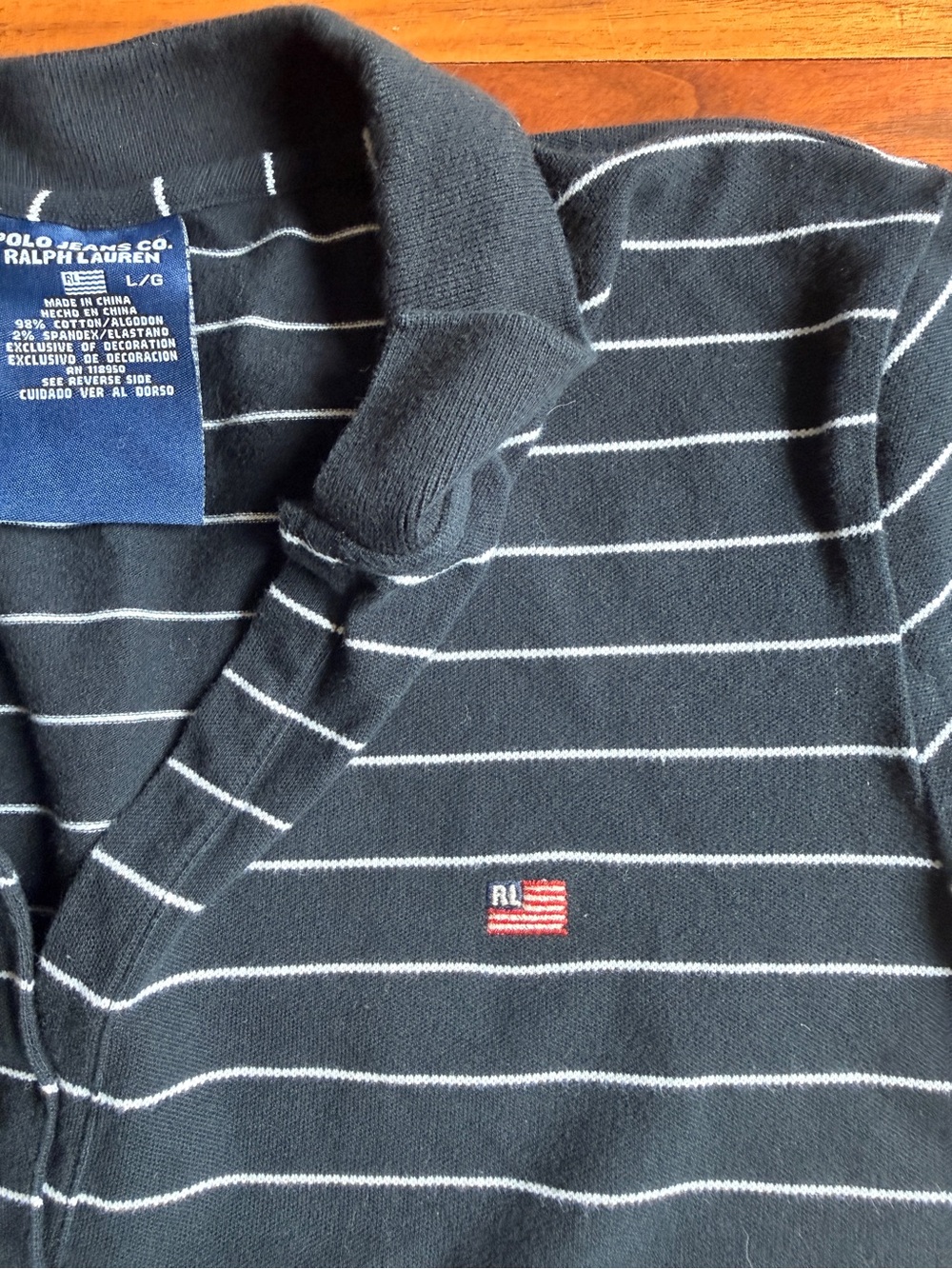 Polo by Ralph Lauren Navy and White Striped V-Neck Polo Sweater